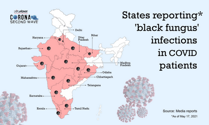 States reporting Mucormycosis infections in COVID-19 patients. Data as of 17 May 2021 (Image Credit: Gaon Connection)