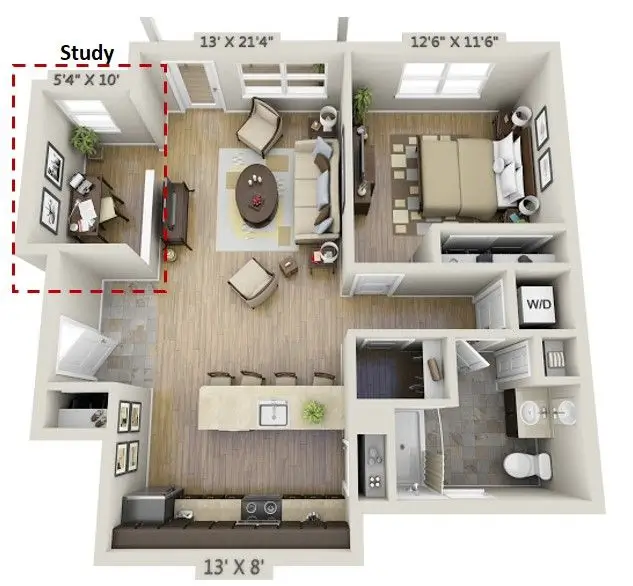 An example of a home office setup, carved out from a living room, having the same entrance, functions as a home office or a study room,but lacking a separate toilet. (Image credit: Home designing)