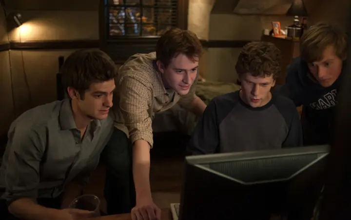 A still from the 2010 film ‘The Social Network’. Jesse Eisenberg (third from left) plays the role of Mark Zuckerberg, the founder of Facebook (Image credit: IMDB)